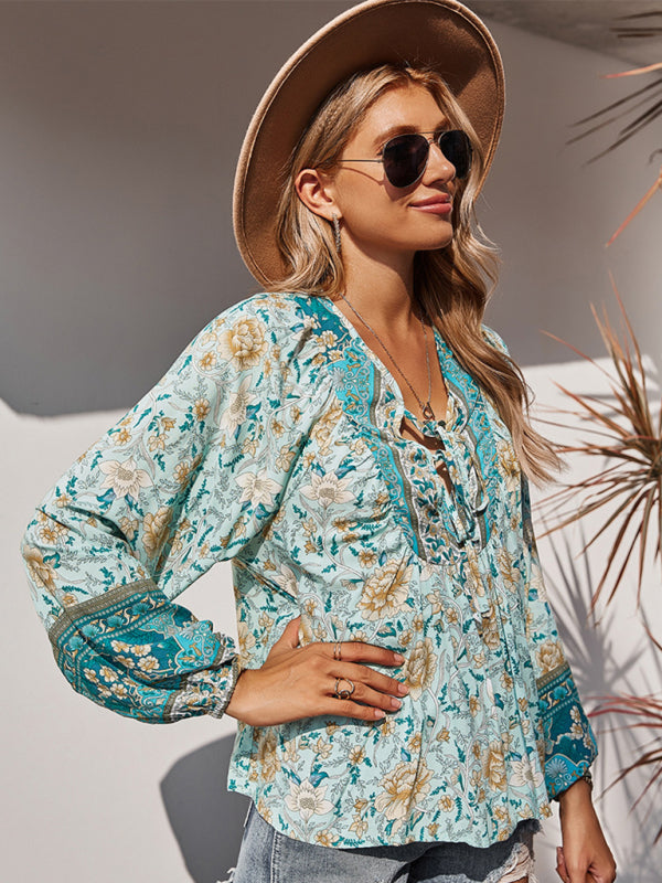 Blouses- Spring Blossom Lantern Sleeve Floral Tunic Blouse- Blue- Pekosa Women Clothing