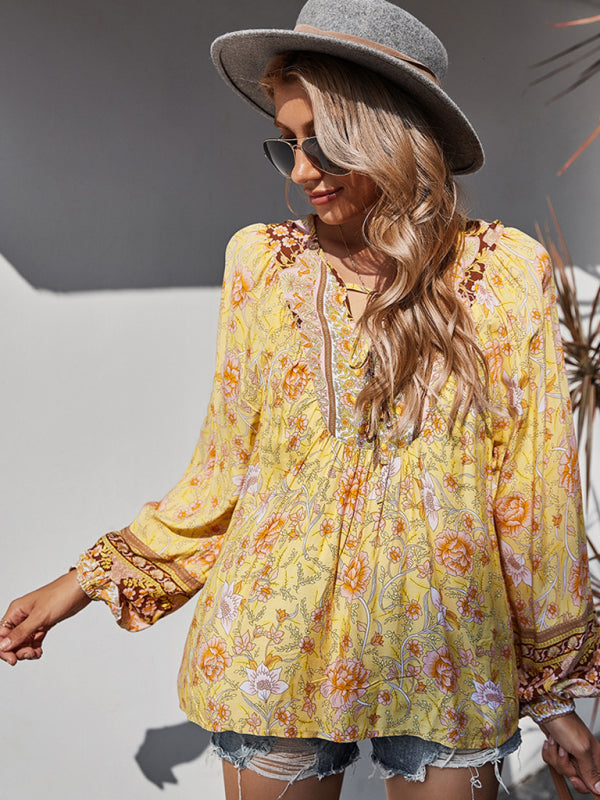 Blouses- Spring Blossom Lantern Sleeve Floral Tunic Blouse- - Pekosa Women Clothing