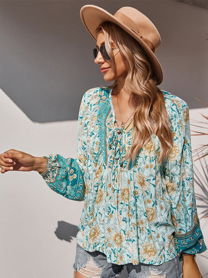 Blouses- Spring Blossom Lantern Sleeve Floral Tunic Blouse- - Pekosa Women Clothing