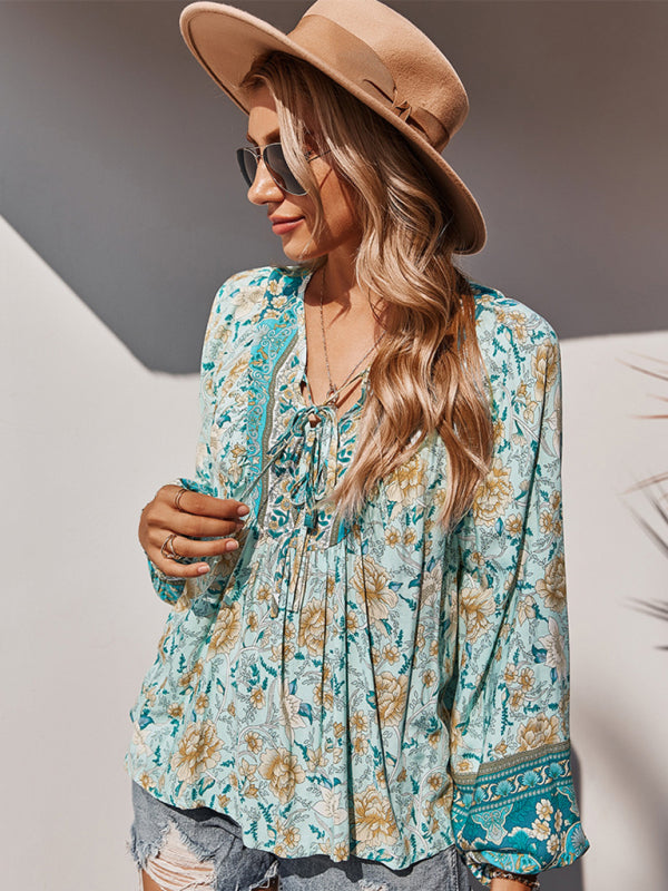 Blouses- Spring Blossom Lantern Sleeve Floral Tunic Blouse- - Pekosa Women Clothing