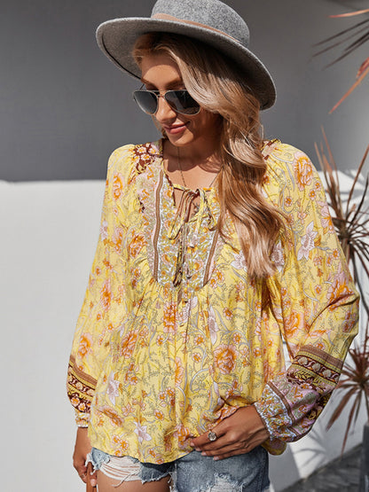 Blouses- Spring Blossom Lantern Sleeve Floral Tunic Blouse- - Pekosa Women Clothing