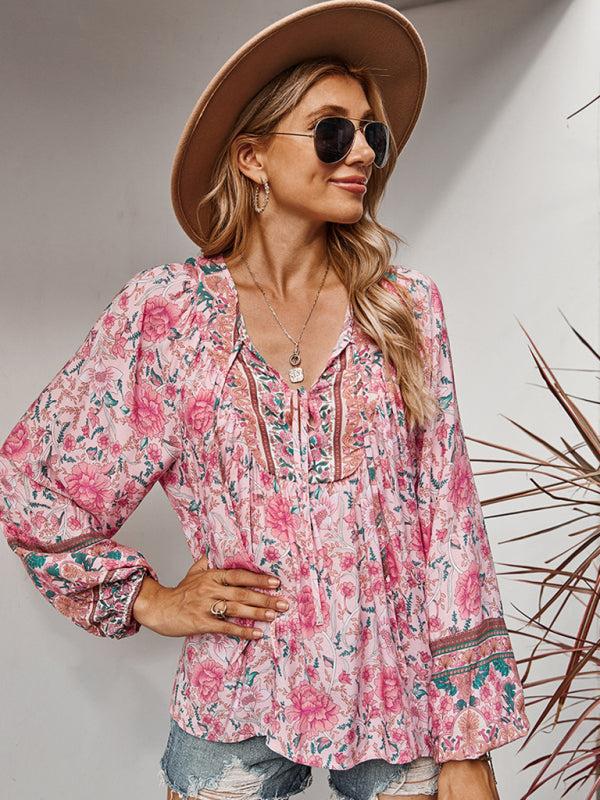 Blouses- Spring Blossom Lantern Sleeve Floral Tunic Blouse- - Pekosa Women Clothing