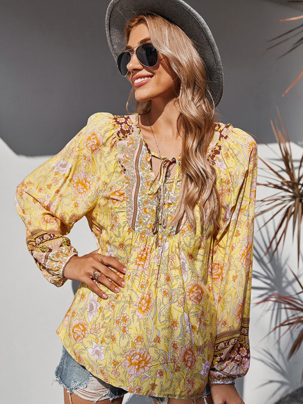 Blouses- Spring Blossom Lantern Sleeve Floral Tunic Blouse- Yellow- Pekosa Women Clothing