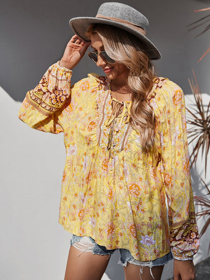 Blouses- Spring Blossom Lantern Sleeve Floral Tunic Blouse- - Pekosa Women Clothing