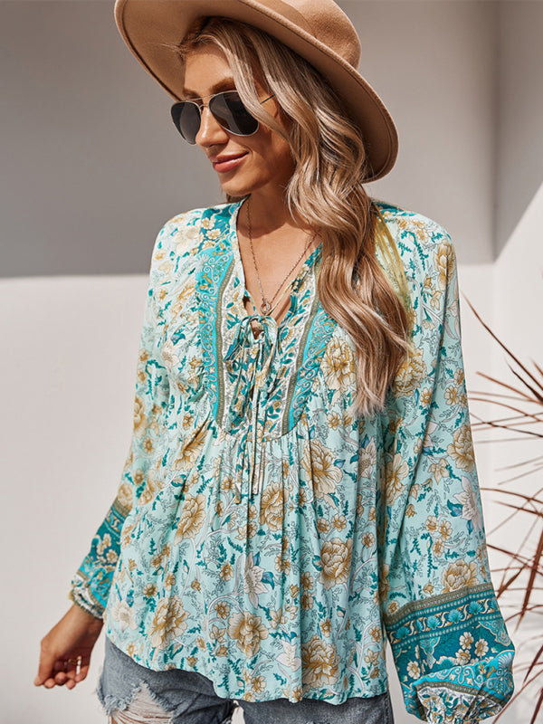 Blouses- Spring Blossom Lantern Sleeve Floral Tunic Blouse- - Pekosa Women Clothing