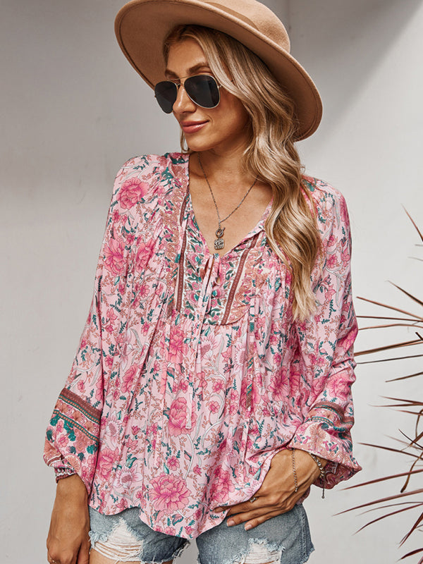 Blouses- Spring Blossom Lantern Sleeve Floral Tunic Blouse- - Pekosa Women Clothing