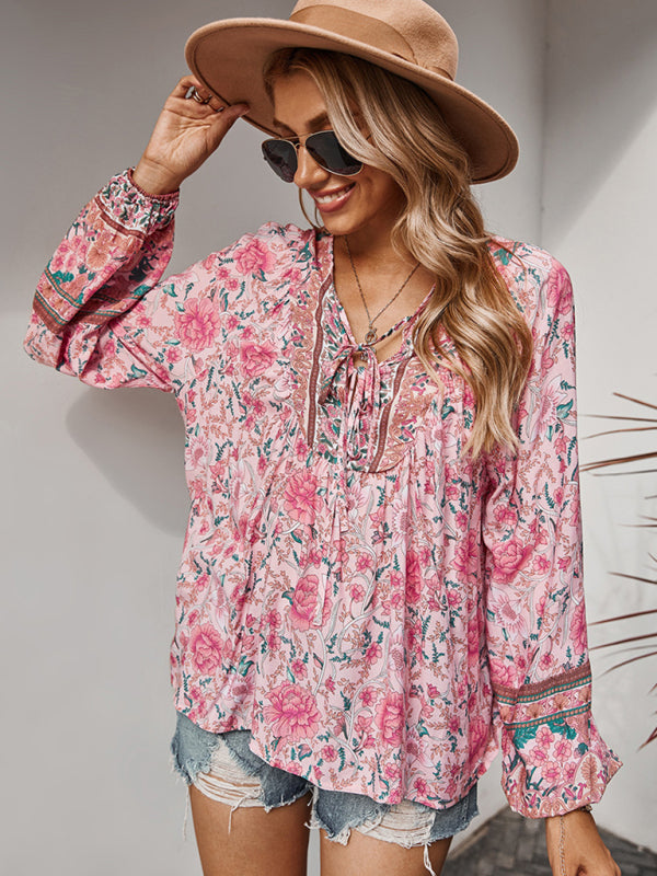 Blouses- Spring Blossom Lantern Sleeve Floral Tunic Blouse- - Pekosa Women Clothing