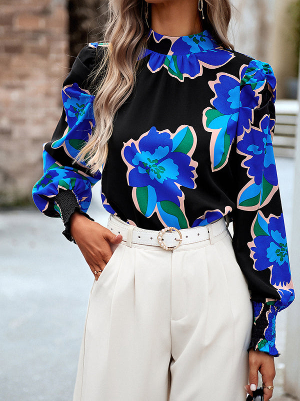 Blouses- Stand Collar Bow-Back Top | Floral Print and Long Puff Sleeves Blouse- Black- Pekosa Women Clothing