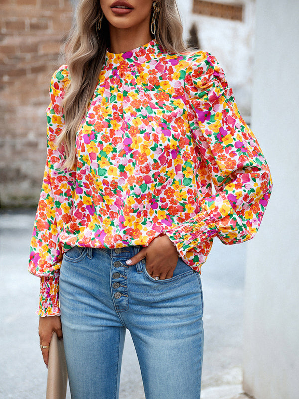 Blouses- Stand Collar Bow-Back Top | Floral Print and Long Puff Sleeves Blouse- Pink- Pekosa Women Clothing