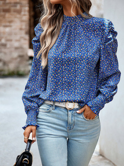 Blouses- Stand Collar Bow-Back Top | Floral Print and Long Puff Sleeves Blouse- Blue- Pekosa Women Clothing