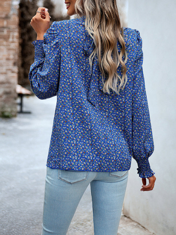 Blouses- Stand Collar Bow-Back Top | Floral Print and Long Puff Sleeves Blouse- - Pekosa Women Clothing