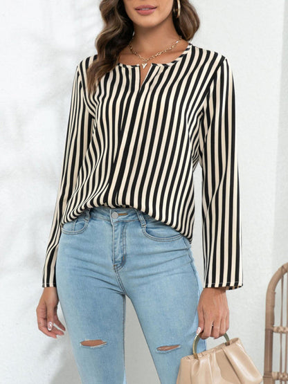 Blouses- Striped V-Neck Blouse with Long Sleeves- - Pekosa Women Clothing