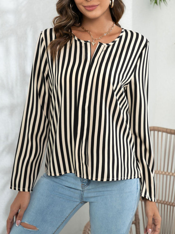 Blouses- Striped V-Neck Blouse with Long Sleeves- Cracker khaki- Pekosa Women Clothing