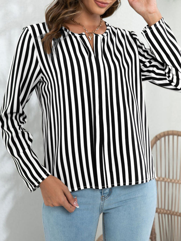 Blouses- Striped V-Neck Blouse with Long Sleeves- - Pekosa Women Clothing