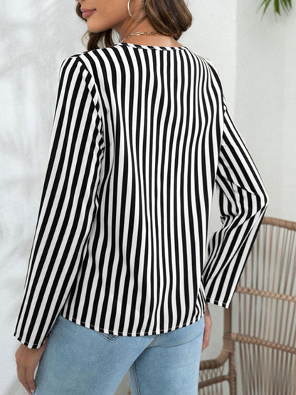 Blouses- Striped V-Neck Blouse with Long Sleeves- - Pekosa Women Clothing