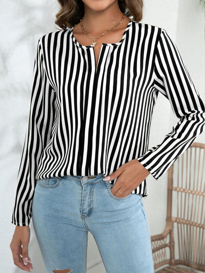 Blouses- Striped V-Neck Blouse with Long Sleeves- White- Pekosa Women Clothing