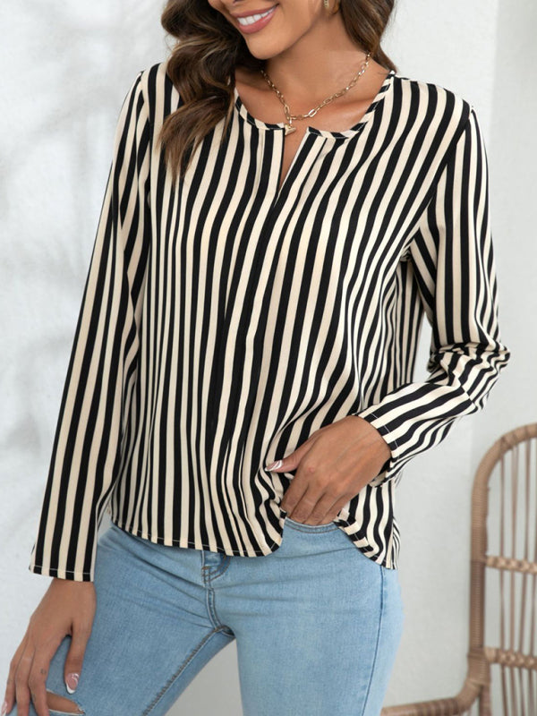 Blouses- Striped V-Neck Blouse with Long Sleeves- - Pekosa Women Clothing