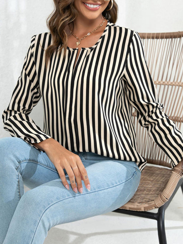 Blouses- Striped V-Neck Blouse with Long Sleeves- - Pekosa Women Clothing