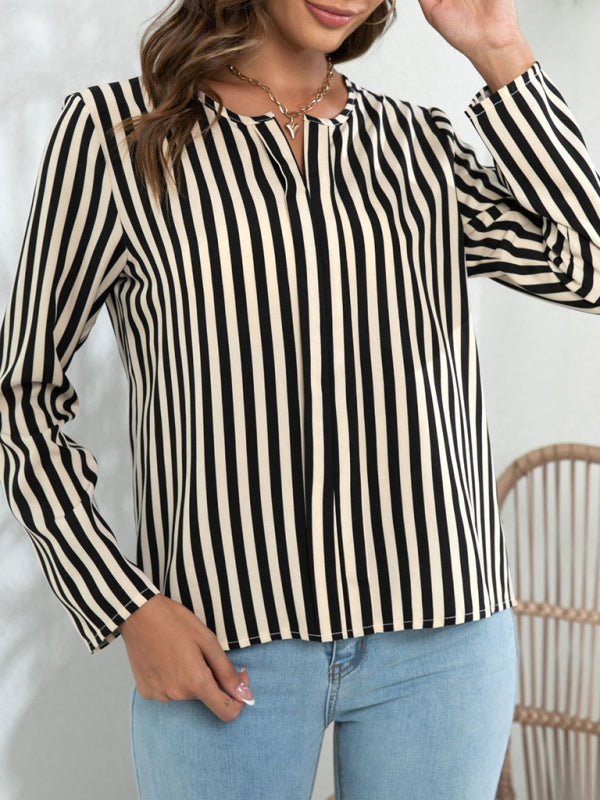 Blouses- Striped V-Neck Blouse with Long Sleeves- - Pekosa Women Clothing