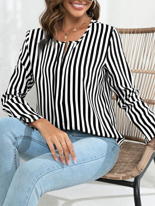 Blouses- Striped V-Neck Blouse with Long Sleeves- - Pekosa Women Clothing