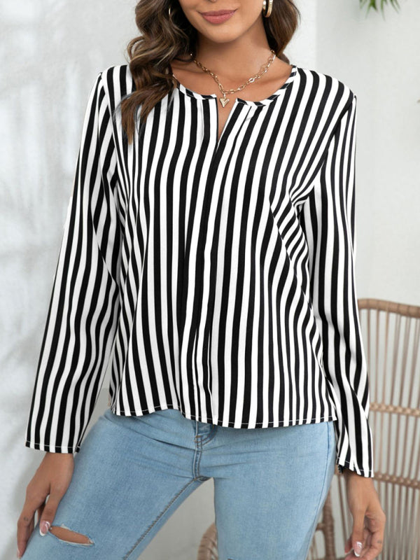 Blouses- Striped V-Neck Blouse with Long Sleeves- - Pekosa Women Clothing