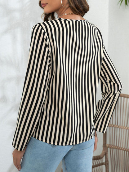 Blouses- Striped V-Neck Blouse with Long Sleeves- - Pekosa Women Clothing