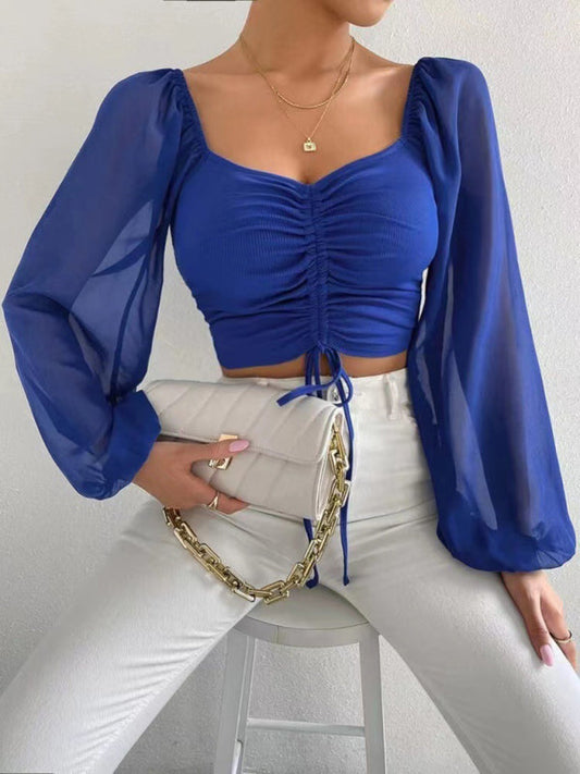 Blouses- Stylish Adjustable Crop Ruched Blouse - Women's Balloon Sleeves Top- Blue- Pekosa Women Clothing