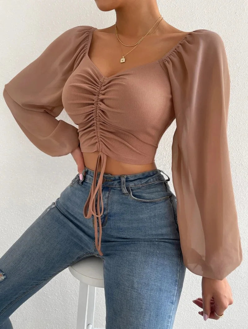 Blouses- Stylish Adjustable Crop Ruched Blouse - Women's Balloon Sleeves Top- - Pekosa Women Clothing