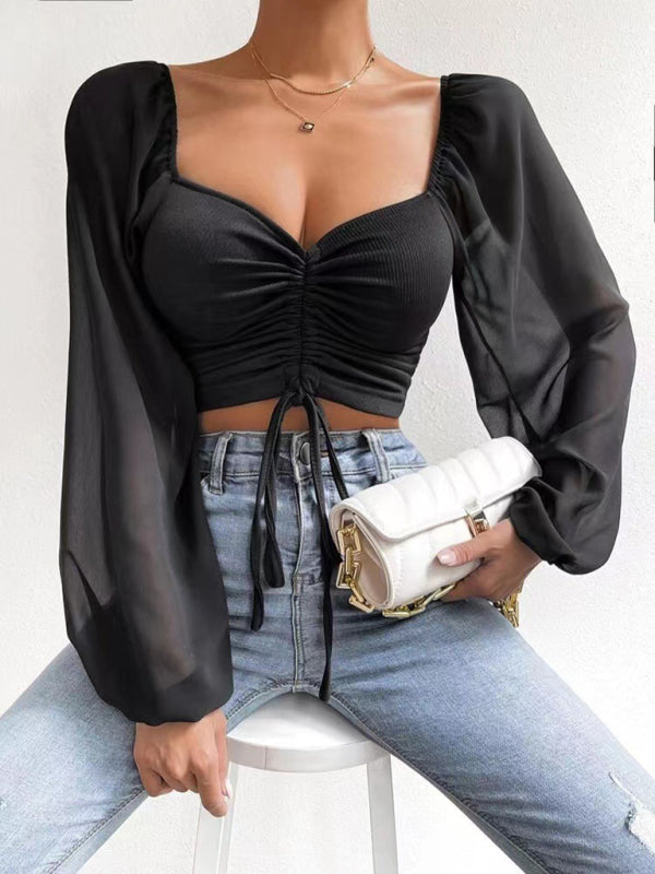 Blouses- Stylish Adjustable Crop Ruched Blouse - Women's Balloon Sleeves Top- Black- Pekosa Women Clothing