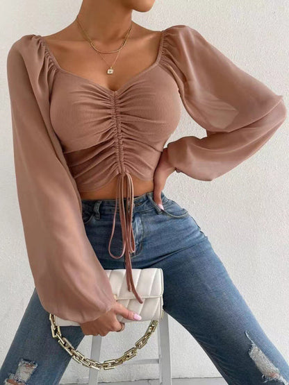 Blouses- Stylish Adjustable Crop Ruched Blouse - Women's Balloon Sleeves Top- Khaki- Pekosa Women Clothing