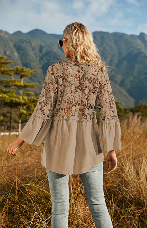 Blouses- Summer Blouse - Guipure Lace Top with 3/4 Sleeves- - Pekosa Women Clothing