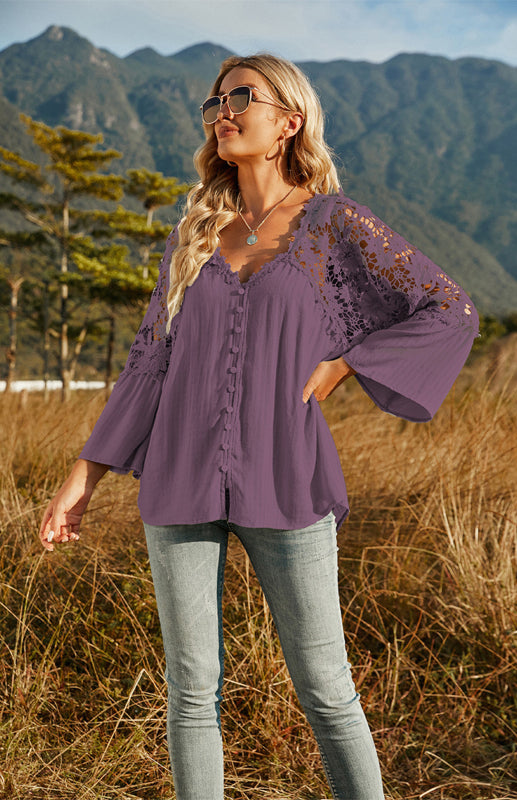 Blouses- Summer Blouse - Guipure Lace Top with 3/4 Sleeves- - Pekosa Women Clothing