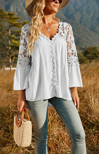 Blouses- Summer Blouse - Guipure Lace Top with 3/4 Sleeves- Raw white off white- Pekosa Women Clothing