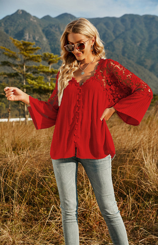 Blouses- Summer Blouse - Guipure Lace Top with 3/4 Sleeves- - Pekosa Women Clothing