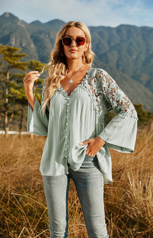 Blouses- Summer Blouse - Guipure Lace Top with 3/4 Sleeves- - Pekosa Women Clothing