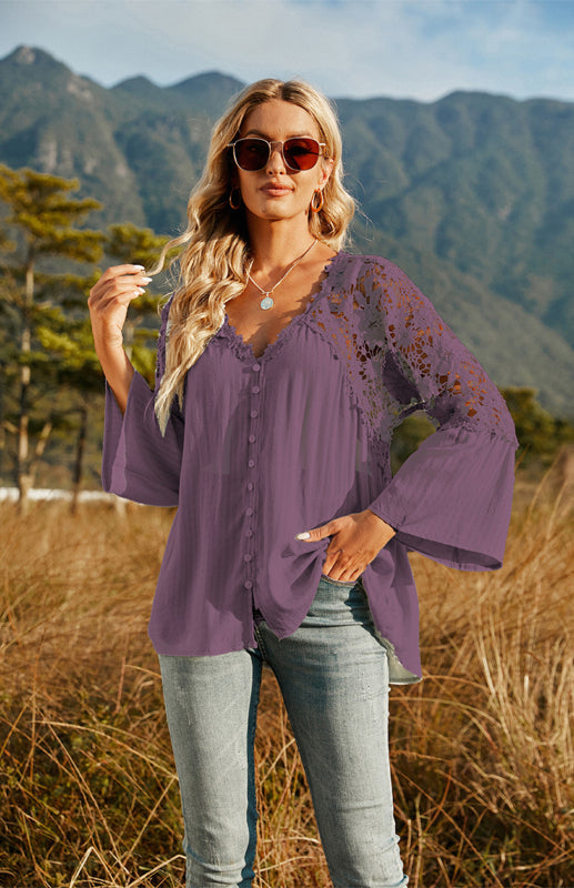 Blouses- Summer Blouse - Guipure Lace Top with 3/4 Sleeves- - Pekosa Women Clothing