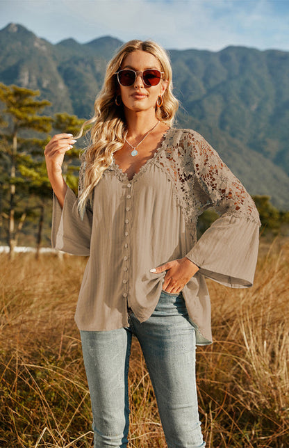 Blouses- Summer Blouse - Guipure Lace Top with 3/4 Sleeves- - Pekosa Women Clothing