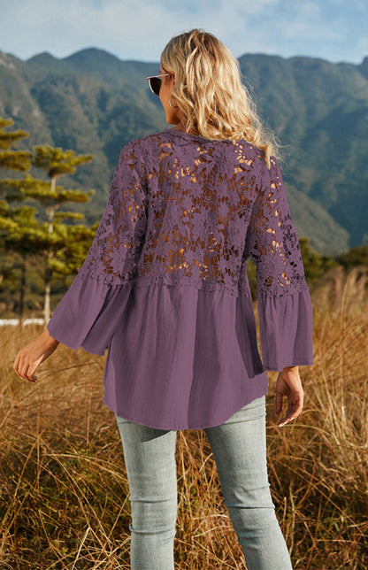 Blouses- Summer Blouse - Guipure Lace Top with 3/4 Sleeves- - Pekosa Women Clothing