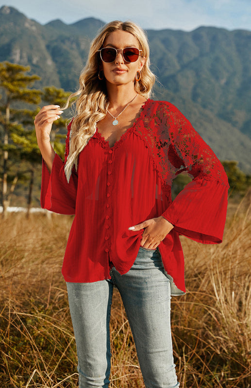 Blouses- Summer Blouse - Guipure Lace Top with 3/4 Sleeves- - Pekosa Women Clothing