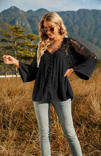 Blouses- Summer Blouse - Guipure Lace Top with 3/4 Sleeves- - Pekosa Women Clothing