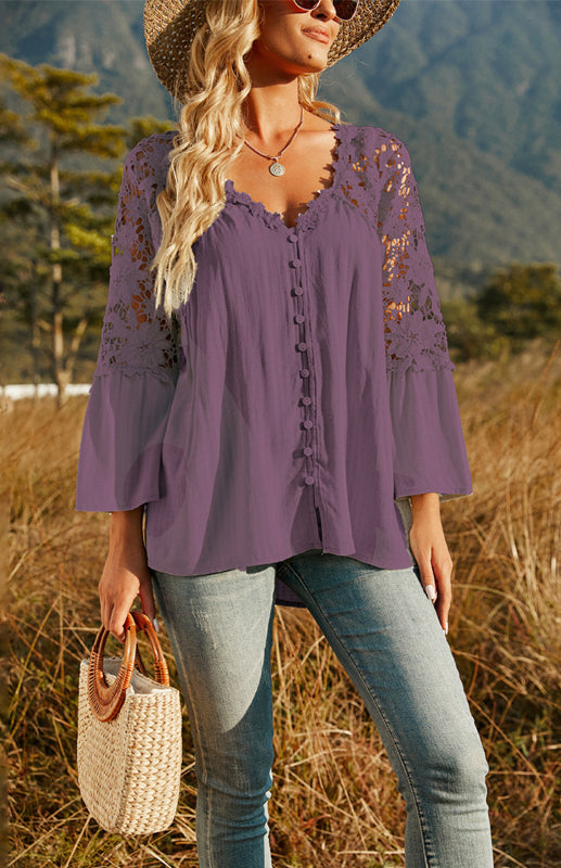 Blouses- Summer Blouse - Guipure Lace Top with 3/4 Sleeves- - Pekosa Women Clothing