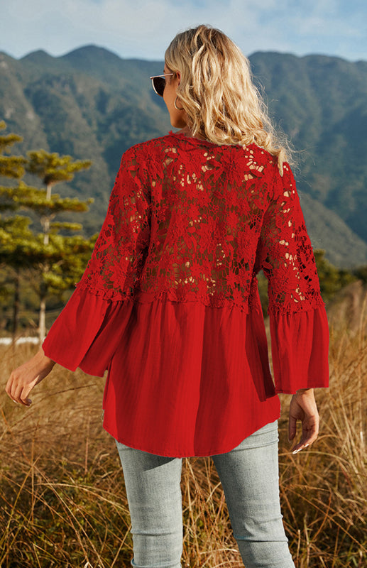 Blouses- Summer Blouse - Guipure Lace Top with 3/4 Sleeves- - Pekosa Women Clothing