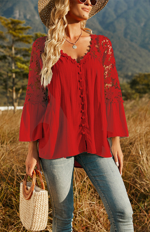 Blouses- Summer Blouse - Guipure Lace Top with 3/4 Sleeves- - Pekosa Women Clothing