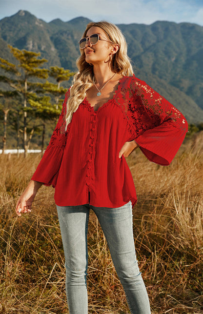 Blouses- Summer Blouse - Guipure Lace Top with 3/4 Sleeves- - Pekosa Women Clothing