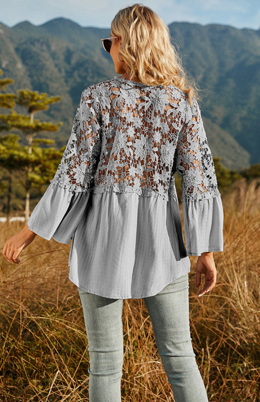 Blouses- Summer Blouse - Guipure Lace Top with 3/4 Sleeves- - Pekosa Women Clothing