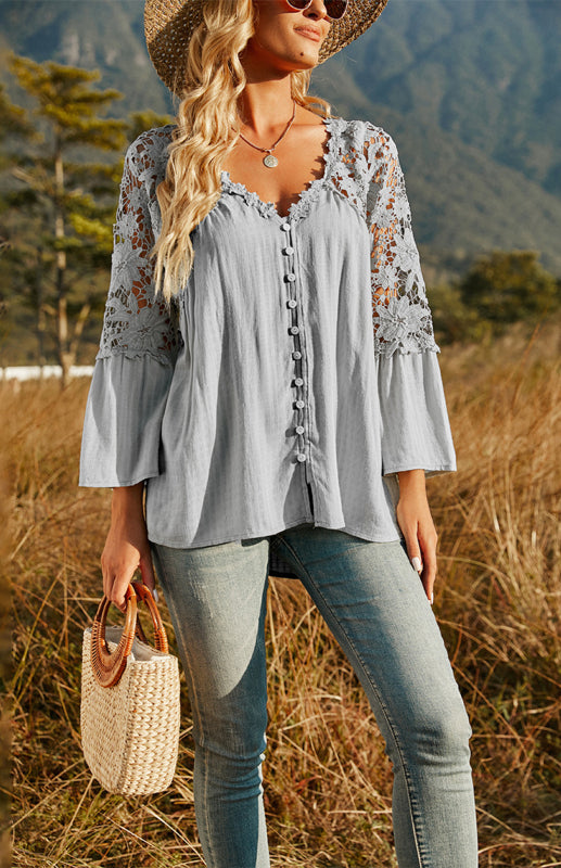 Blouses- Summer Blouse - Guipure Lace Top with 3/4 Sleeves- - Pekosa Women Clothing