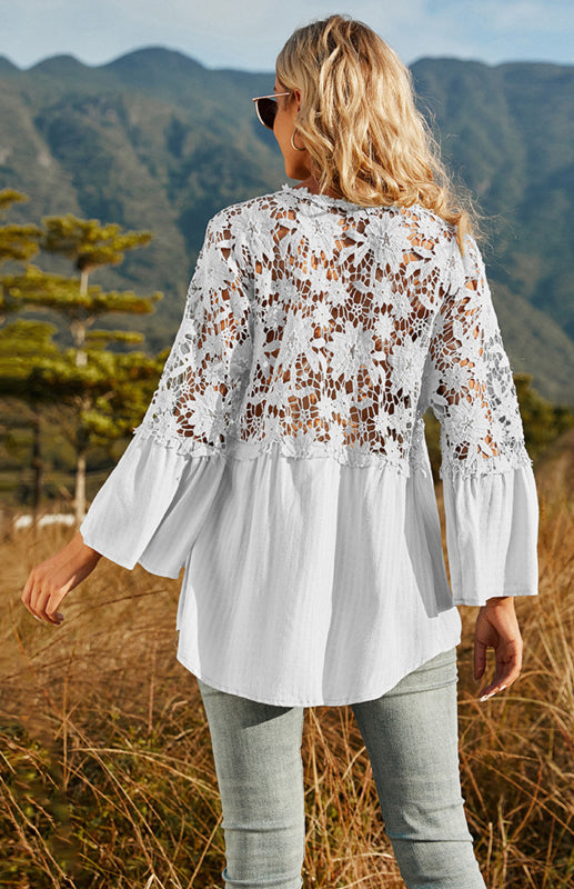 Blouses- Summer Blouse - Guipure Lace Top with 3/4 Sleeves- - Pekosa Women Clothing