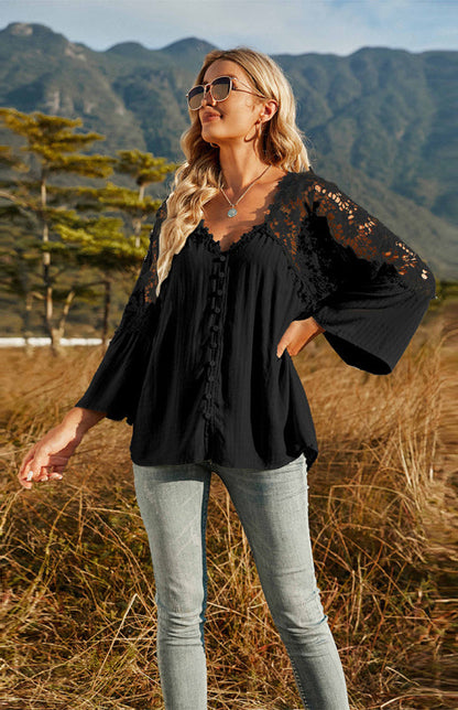 Blouses- Summer Blouse - Guipure Lace Top with 3/4 Sleeves- - Pekosa Women Clothing