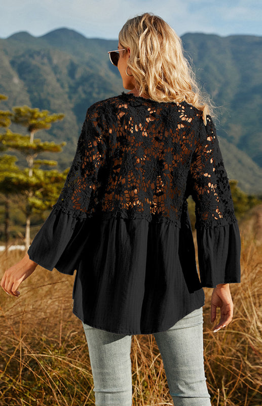 Blouses- Summer Blouse - Guipure Lace Top with 3/4 Sleeves- - Pekosa Women Clothing