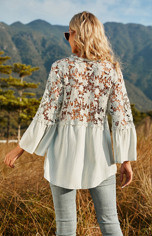 Blouses- Summer Blouse - Guipure Lace Top with 3/4 Sleeves- - Pekosa Women Clothing